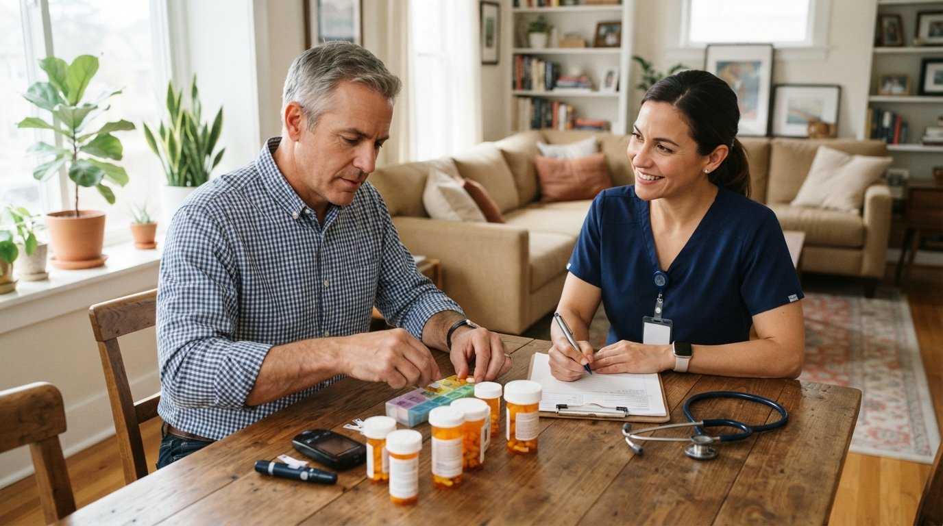 Middle-aged man sorting pills into a weekly organizer at a dining table while a home health nurse in navy scrubs reviews a…
