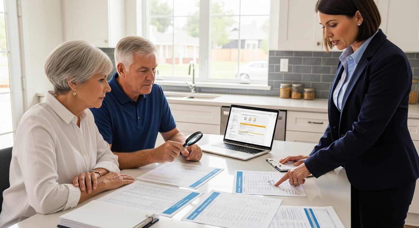 Senior couple at a kitchen table reviewing Medicare plan comparison documents with a professional advisor pointing to…