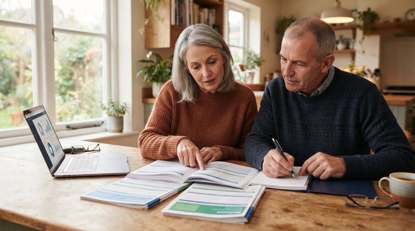 Couple in their 60s at a kitchen table reviewing Medicare plan documents, with a laptop and two stacks of paperwork