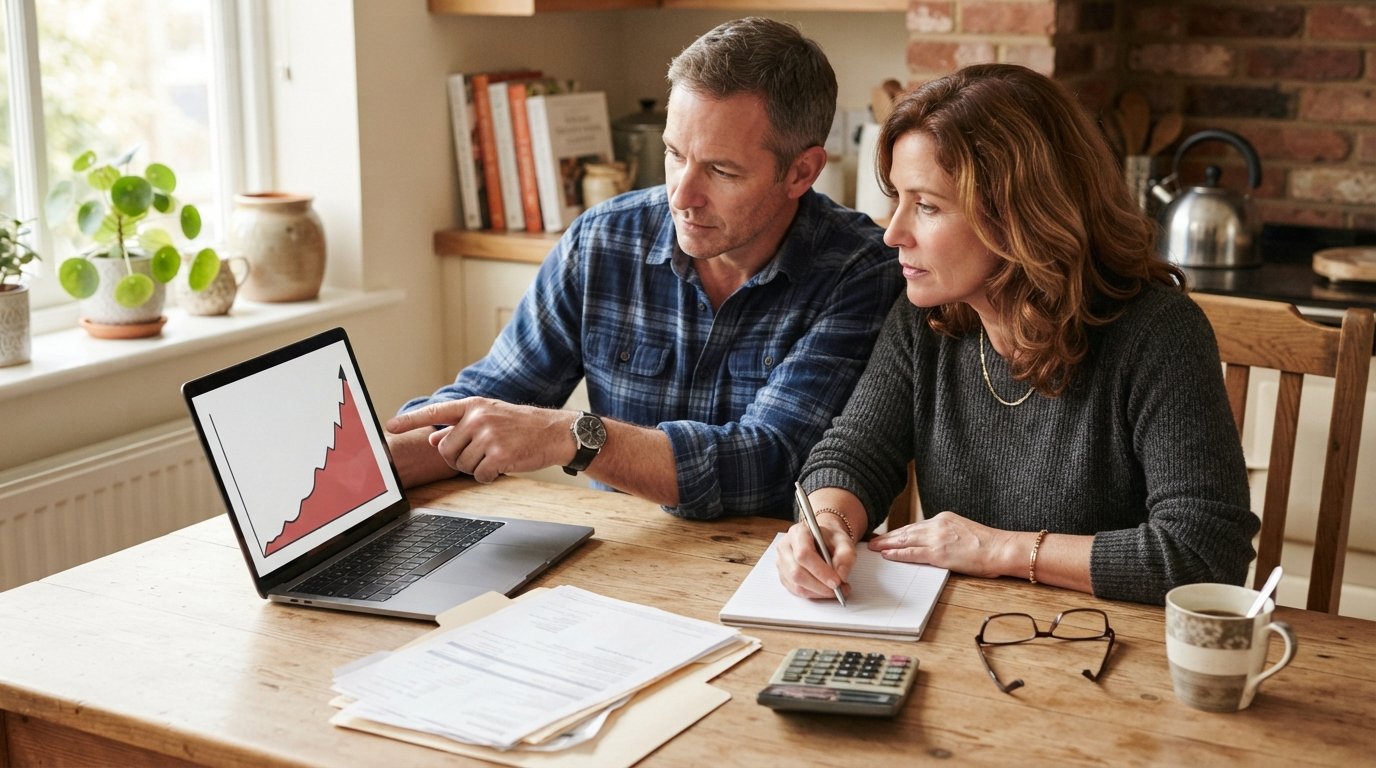 Middle-aged couple at kitchen table reviewing upward-trending line graph on laptop with calculator, documents, and coffee mug