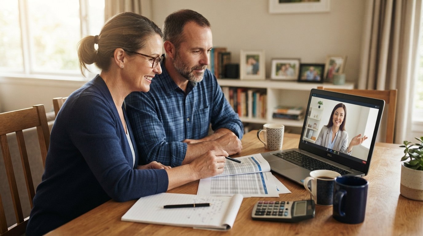 Middle-aged couple at a kitchen table with a laptop showing an insurance agent, printed comparison charts, calculator,…