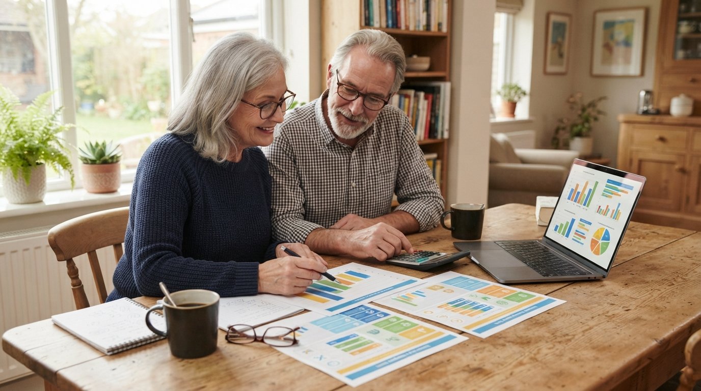Retirement-age couple at a sunlit kitchen table comparing two colorful insurance plan charts with reading glasses,…