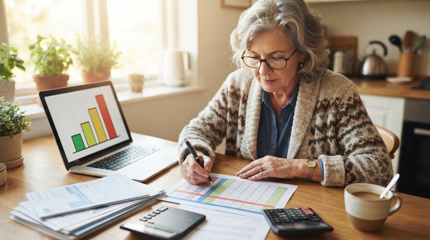 Senior woman with reading glasses reviewing a printed Medicare coverage chart at a sunlit kitchen table, with a laptop…