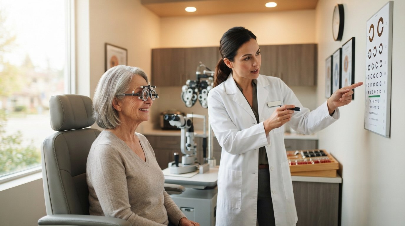 Optometrist in white coat adjusting trial frame lenses on a seated senior patient in an exam chair, with an eye chart on…