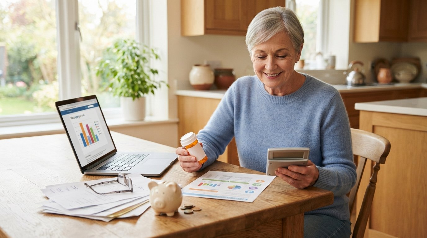 Senior woman at a kitchen table using a laptop and calculator while holding a prescription bottle and reviewing a benefits…
