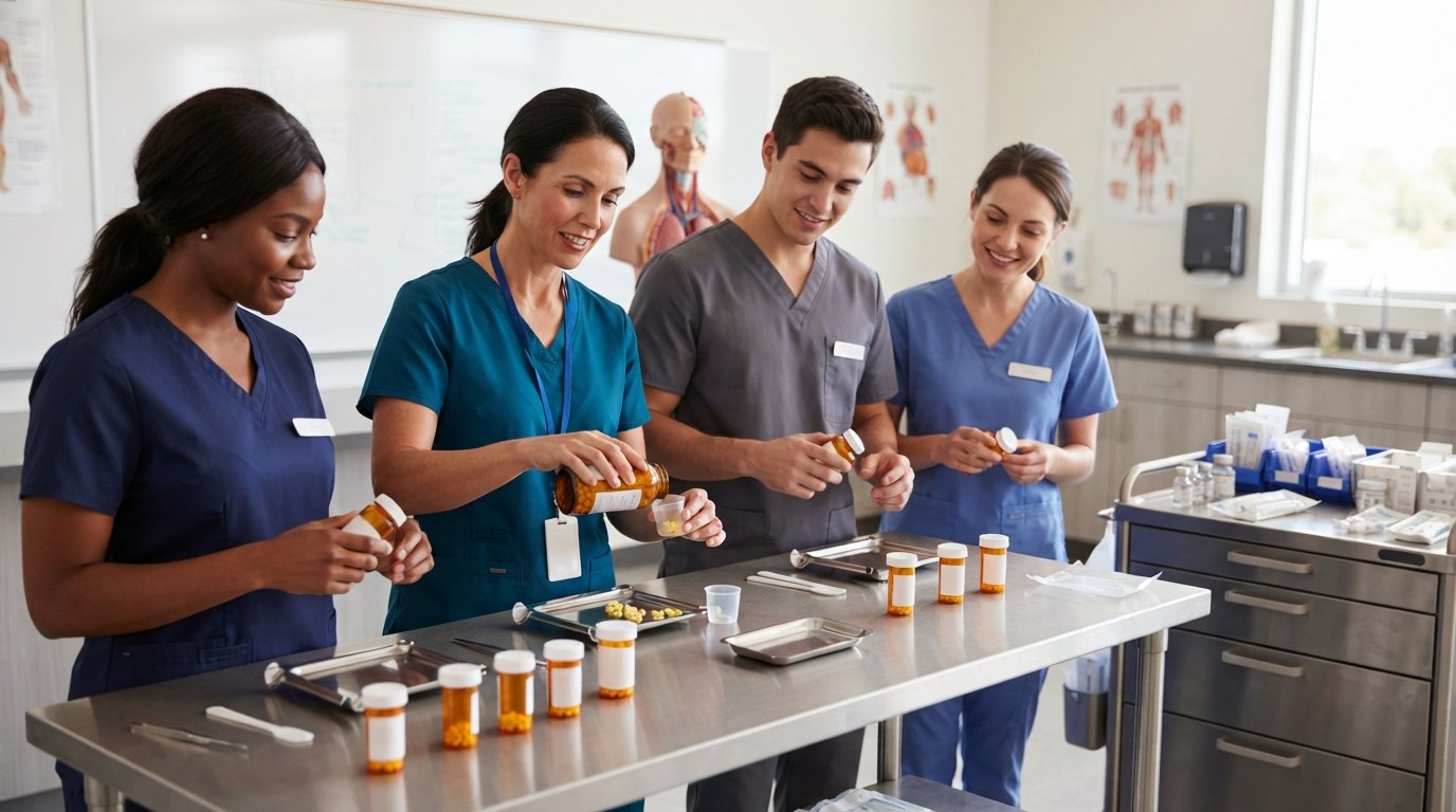 Instructor in teal scrubs oversees adult students practicing medication pours from amber bottles into dosage cups in a…