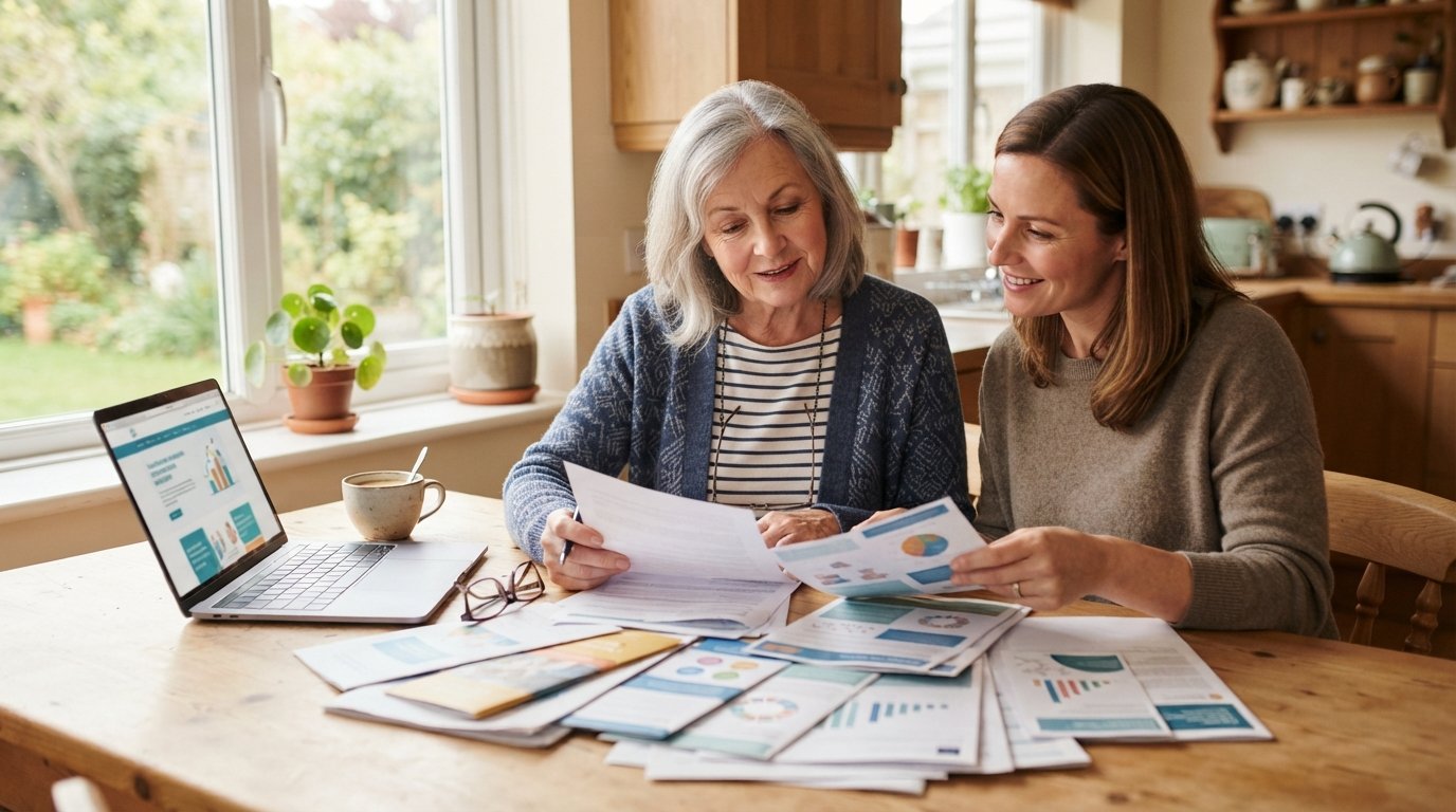 Woman in her mid-60s and her adult daughter review Medicare paperwork and insurance brochures at a sunlit kitchen table…