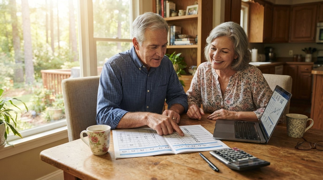 Retired couple at a sunlit kitchen table reviewing a Medigap comparison chart with a calculator, pen, coffee mugs, and a…