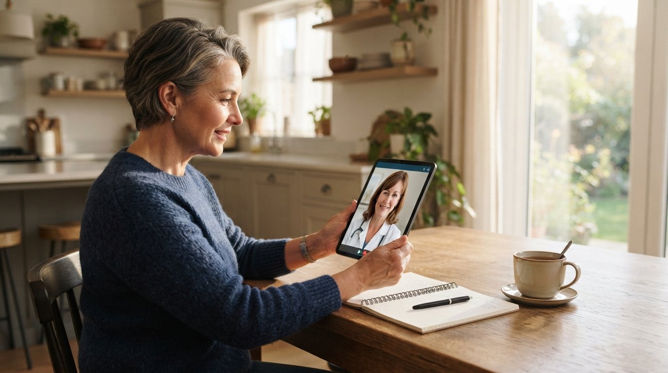 Woman with short graying hair at a sunlit kitchen table holds a tablet showing a female clinician in a white coat during a…