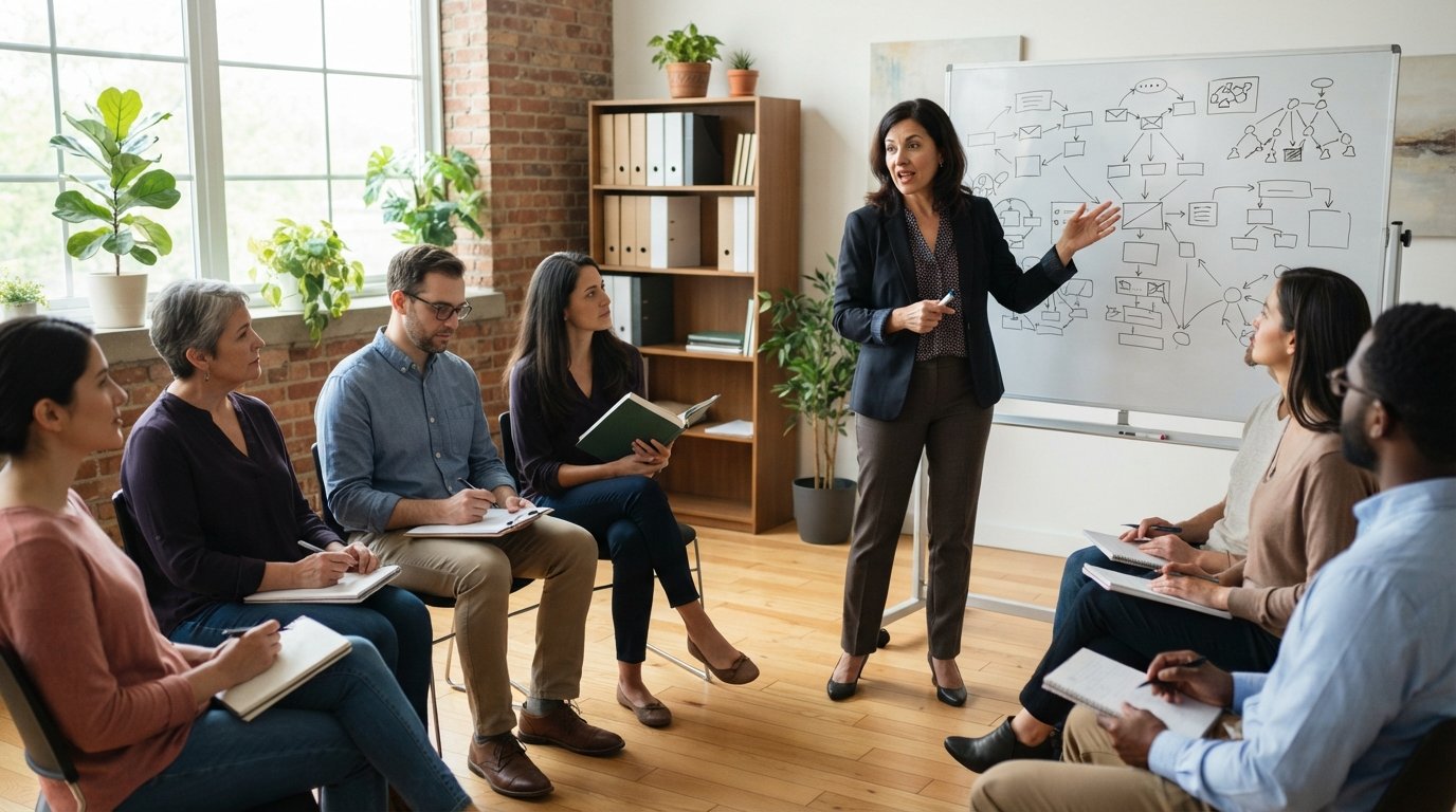 Instructor gestures toward a whiteboard as adult students sit in a semicircle taking notes in a bright classroom
