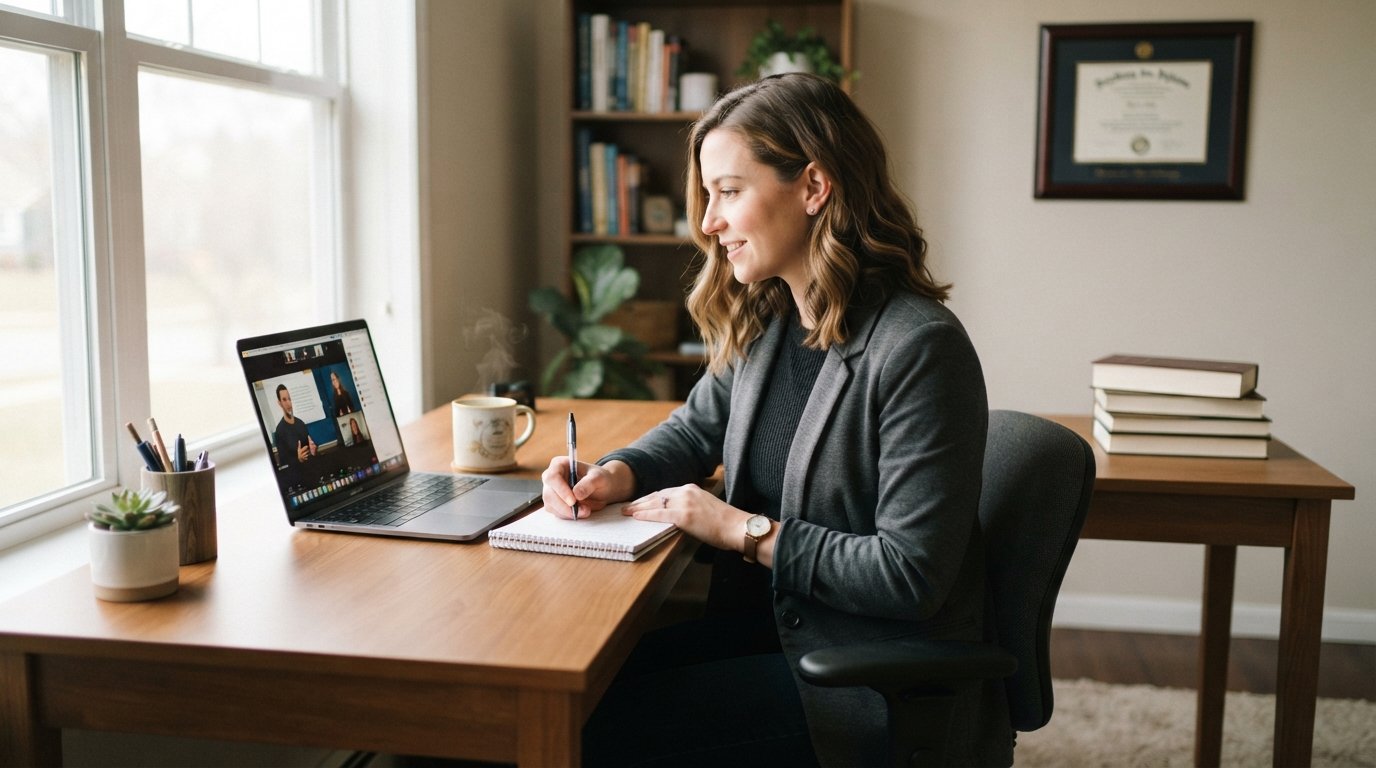 Graduate student in a blazer studies online at a home desk with a laptop, notebook, coffee mug, psychology textbooks, and a…