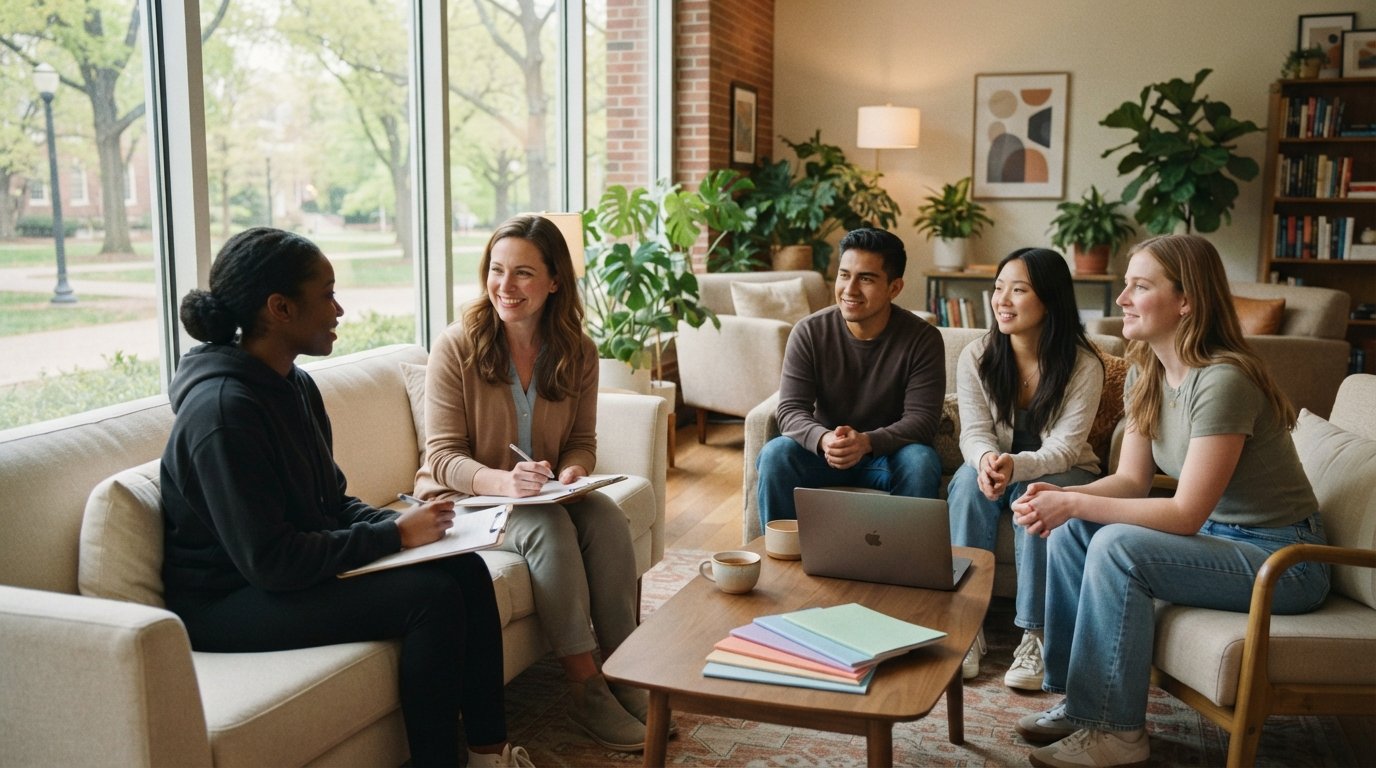 Diverse college students talking with a counselor in a bright campus lounge with sofas, plants, and brochures on a table