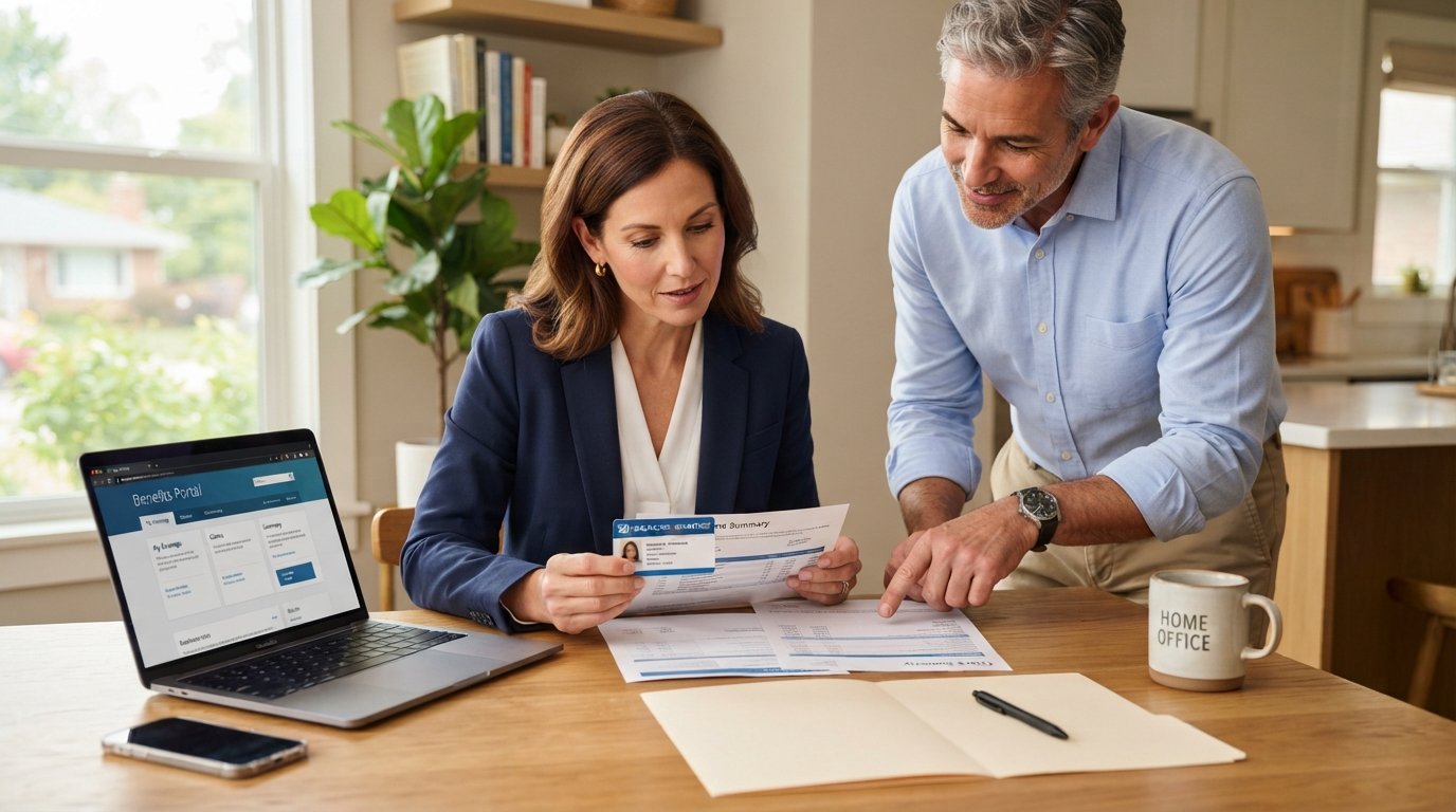 Woman in navy blazer reviews a health insurance ID card and plan papers at a kitchen table while a man points to a claims…