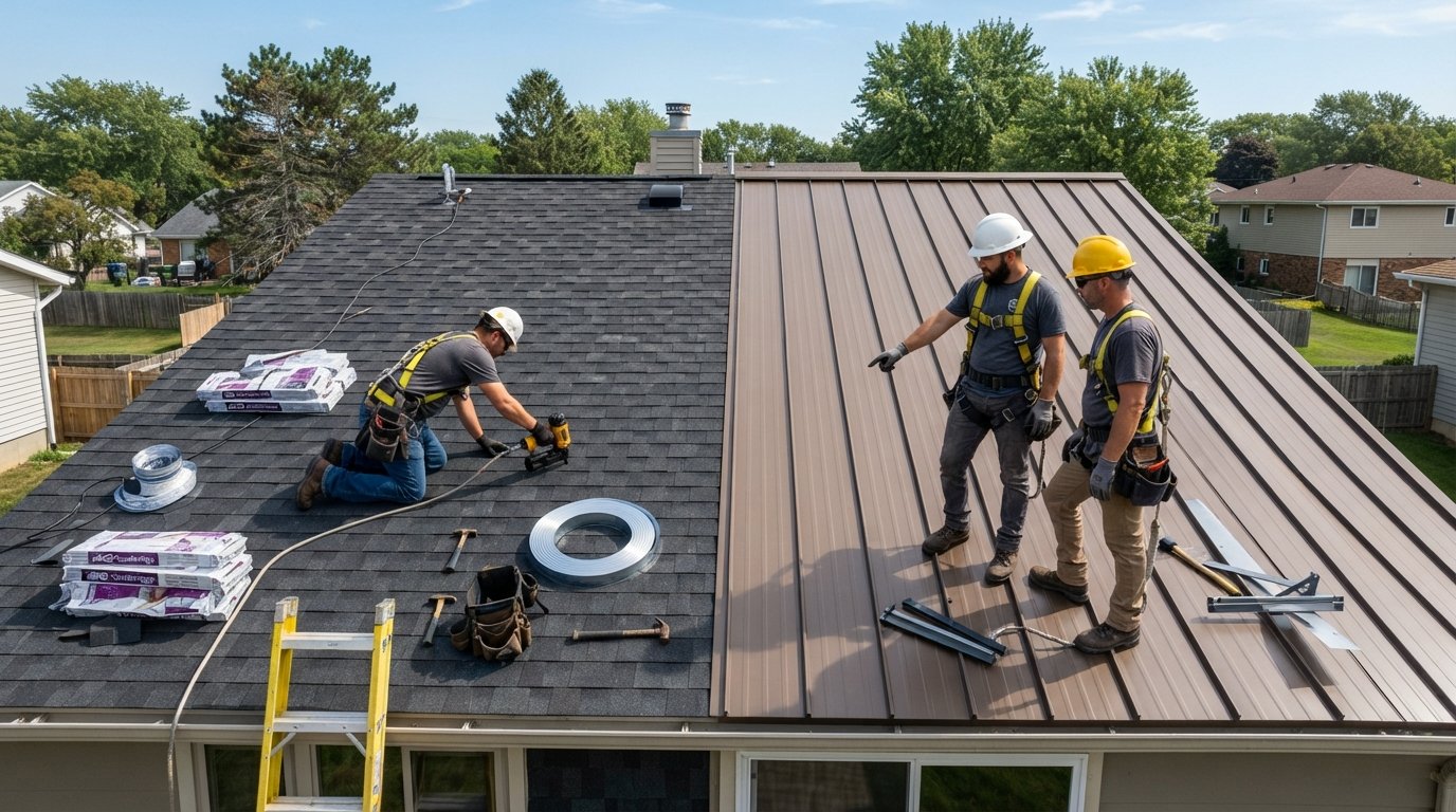 Suburban home with charcoal asphalt shingles on one roof section and bronze standing seam metal on the other, with roofers…