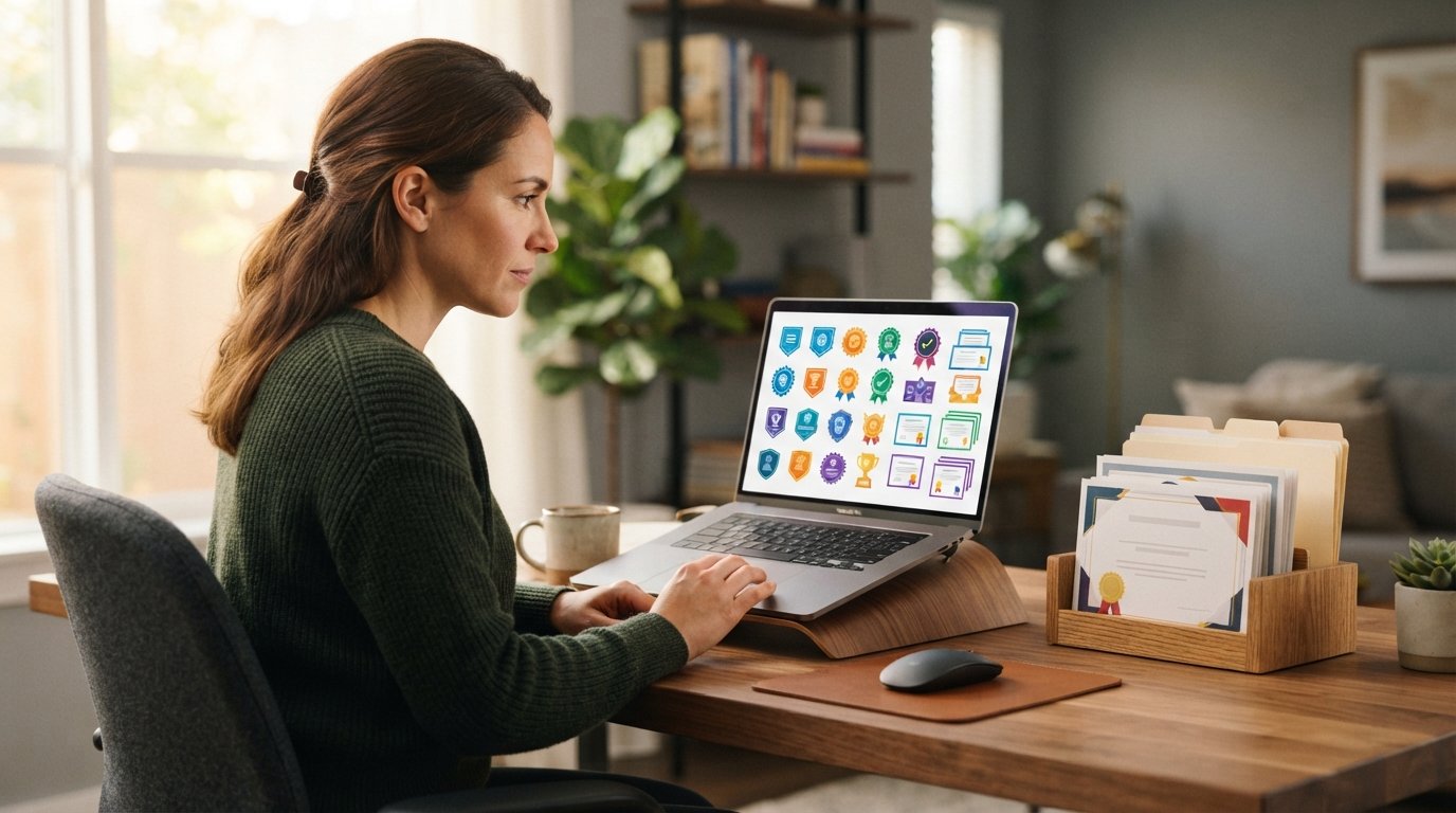 Professional at a wooden desk reviewing a laptop showing colorful skill badges and stacked certificate icons, with printed…
