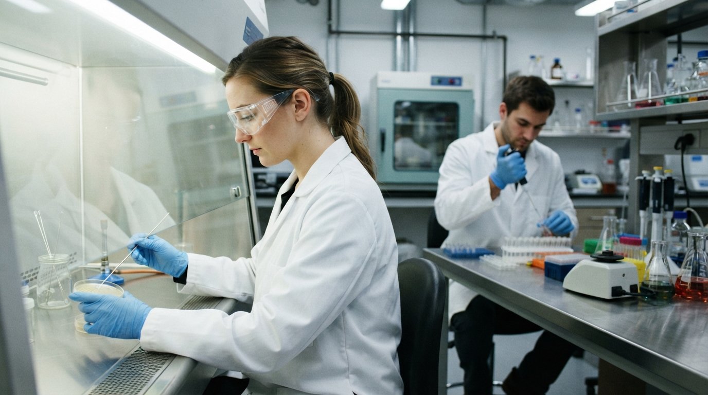 Graduate student in lab coat and goggles streaking a bacterial sample onto an agar plate inside a biosafety cabinet at…
