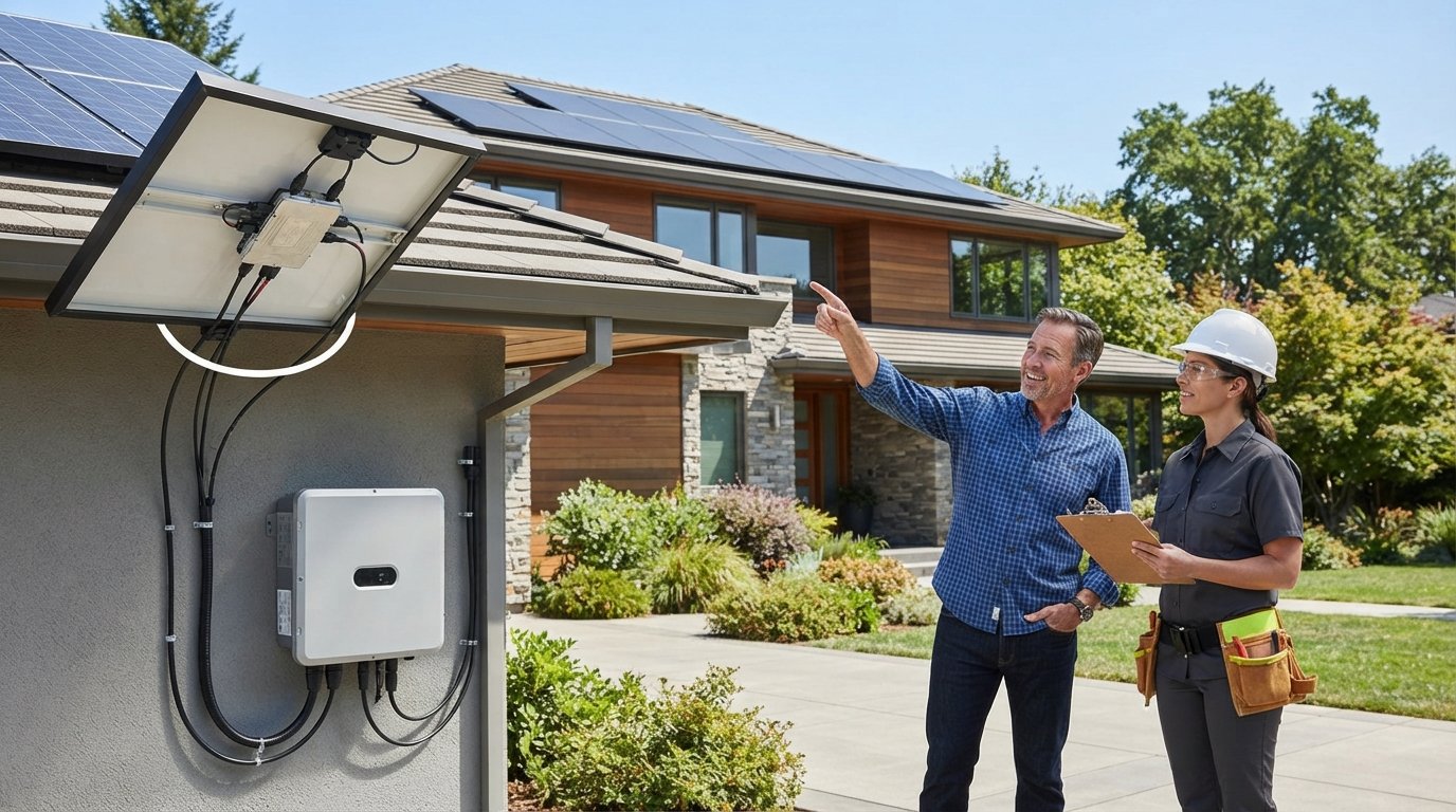 Close-up of a solar panel with a compact microinverter attached behind it, while a larger string inverter box is mounted on…