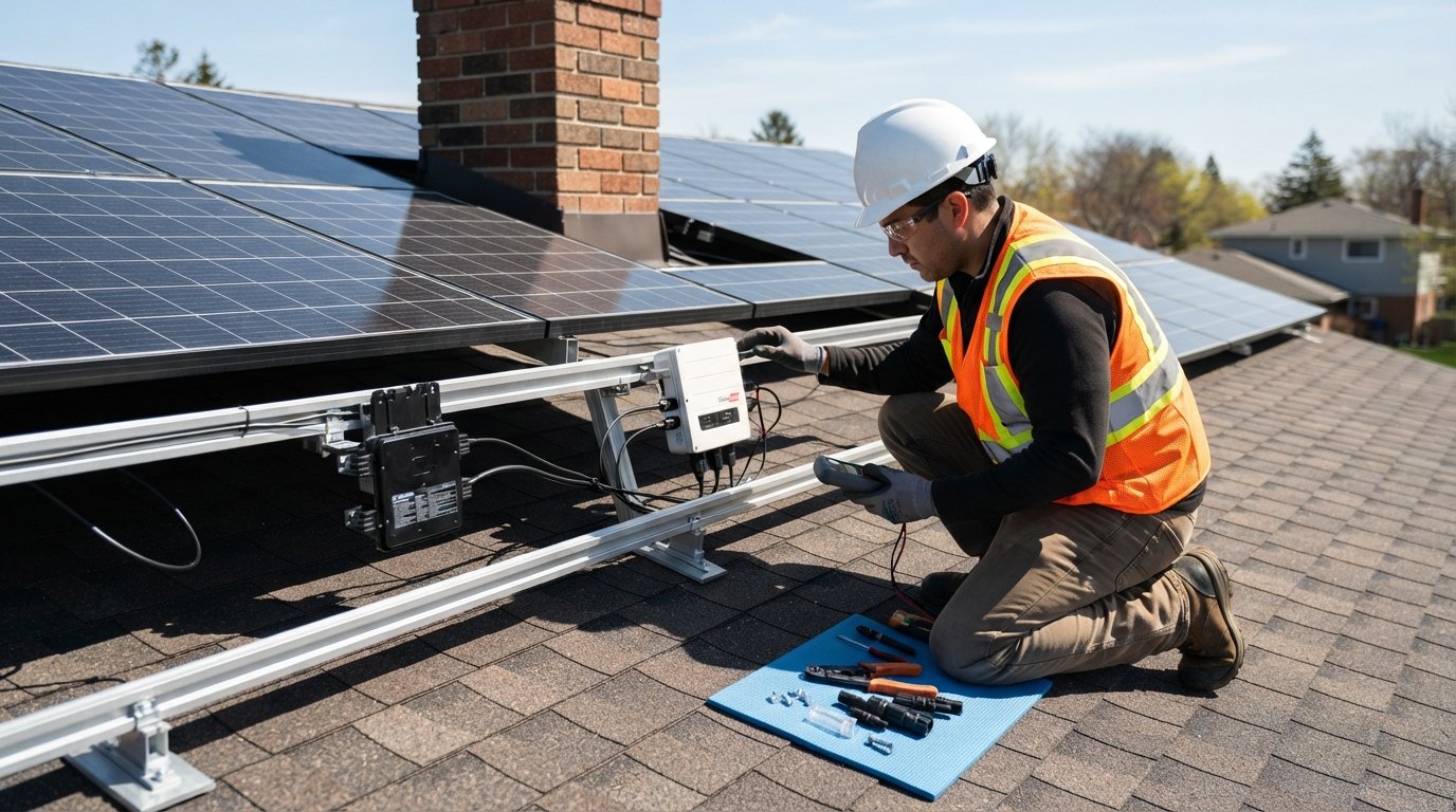 Solar installer in hard hat kneeling on a shingle roof beside a panel-mounted microinverter and a power optimizer wired to…