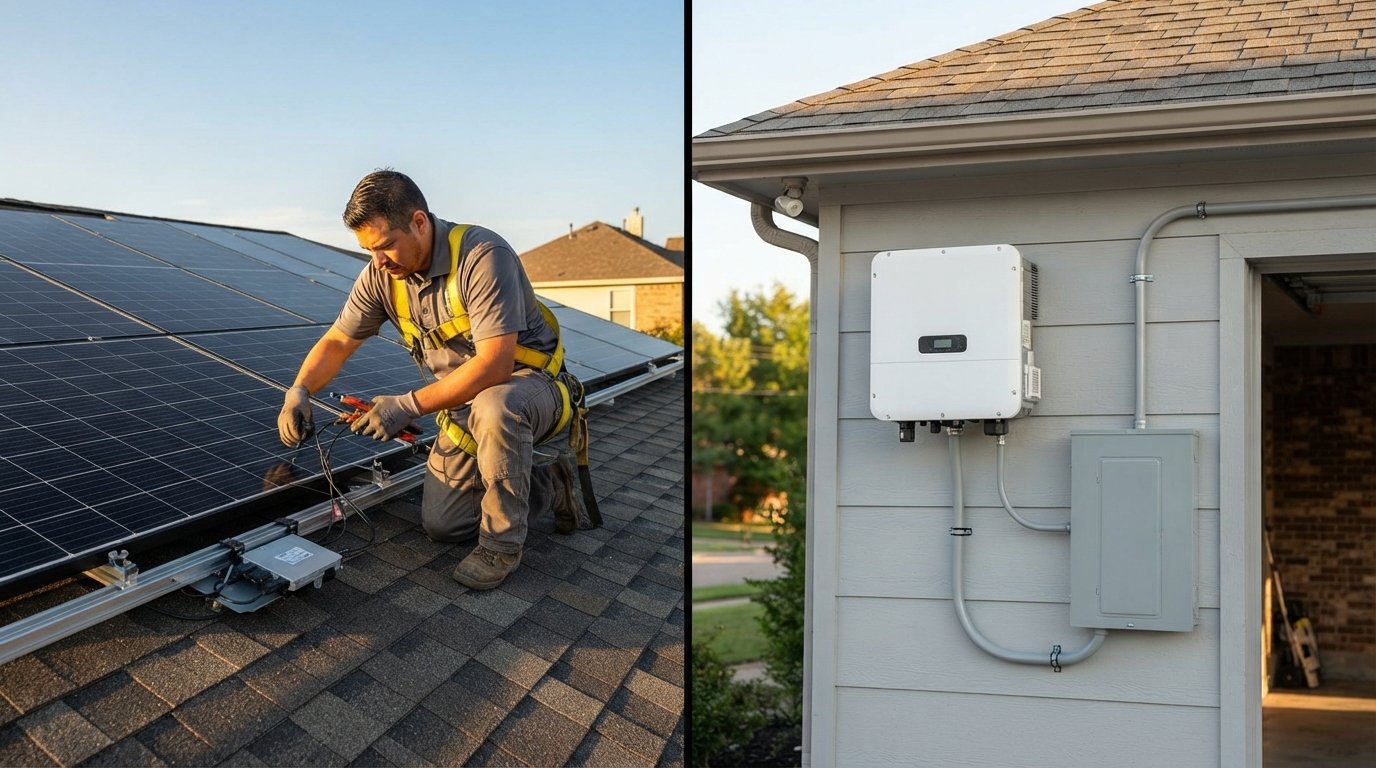Technician wiring two black solar panels with microinverters on a sunny roof beside a garage wall-mounted white string…