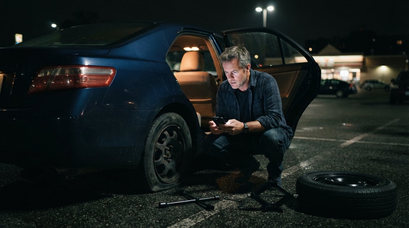 Man in blue shirt beside car with flat rear tire at night, holding smartphone and looking at tire, with jack, lug wrench,…