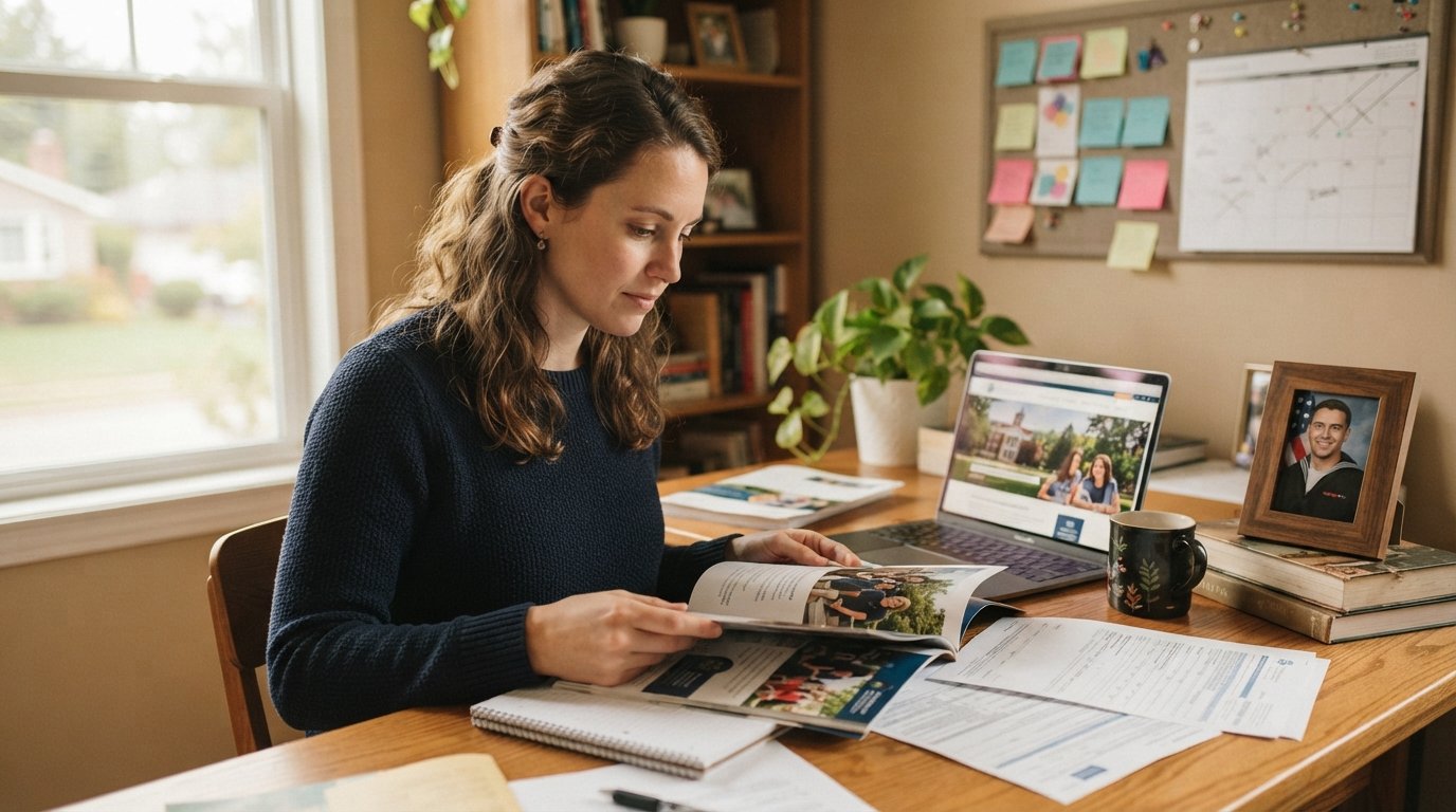 Woman at a wooden desk reviewing college brochures and financial aid papers beside a laptop showing a university site, with…