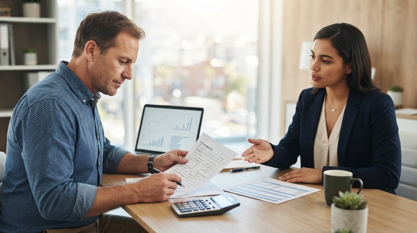 Borrower in casual shirt reviews a refinancing application at a desk while a loan officer gestures toward a printed rate…