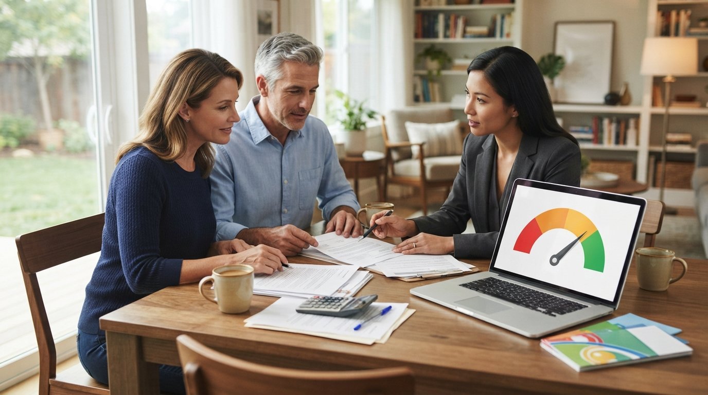 Couple reviewing mortgage papers with a lender at a kitchen table, laptop showing a credit score gauge at a mid-range level