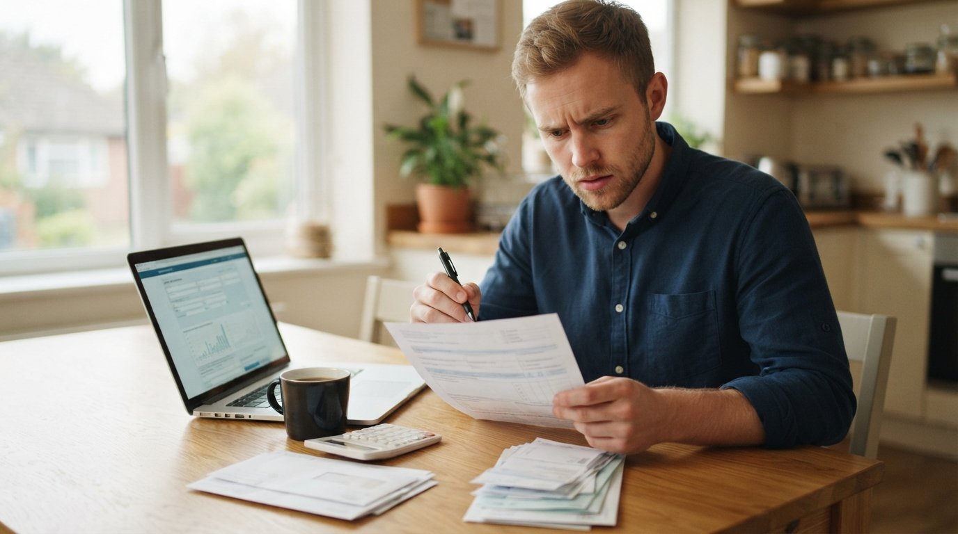 Young man in a button-down shirt reviewing a paper financial document with a pen at a kitchen table, laptop showing a loan…