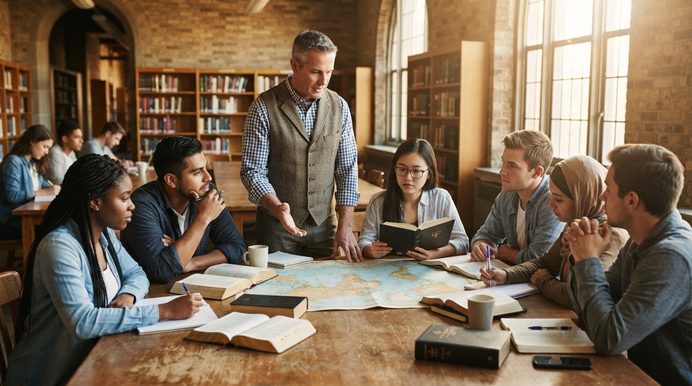 Diverse college students study around a wooden table with Bibles, textbooks, and a world map as a professor gestures toward…