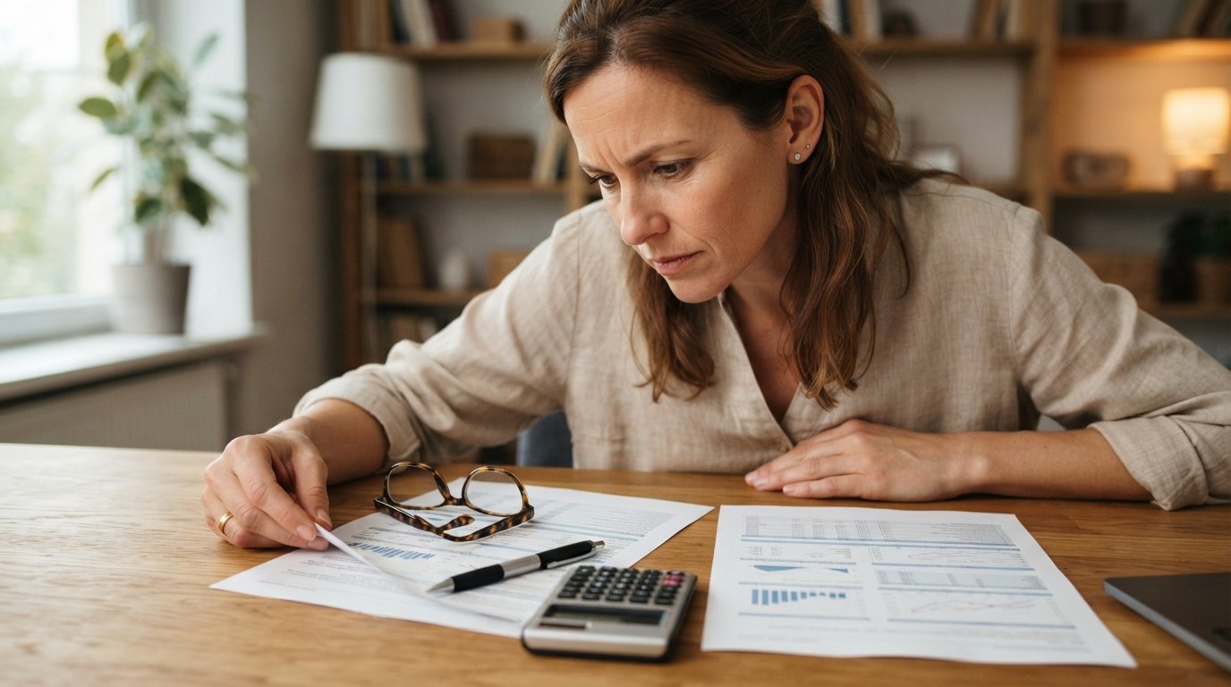 Woman in a blouse leaning over a wooden desk, comparing two printed loan documents beside a calculator, pen, and reading…