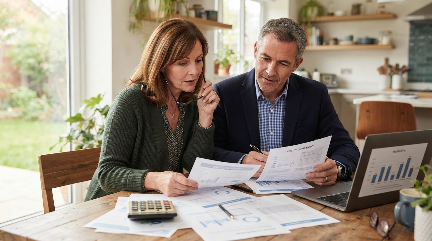 Man and woman in casual business attire reviewing life insurance quote documents and a laptop at a kitchen table with a…