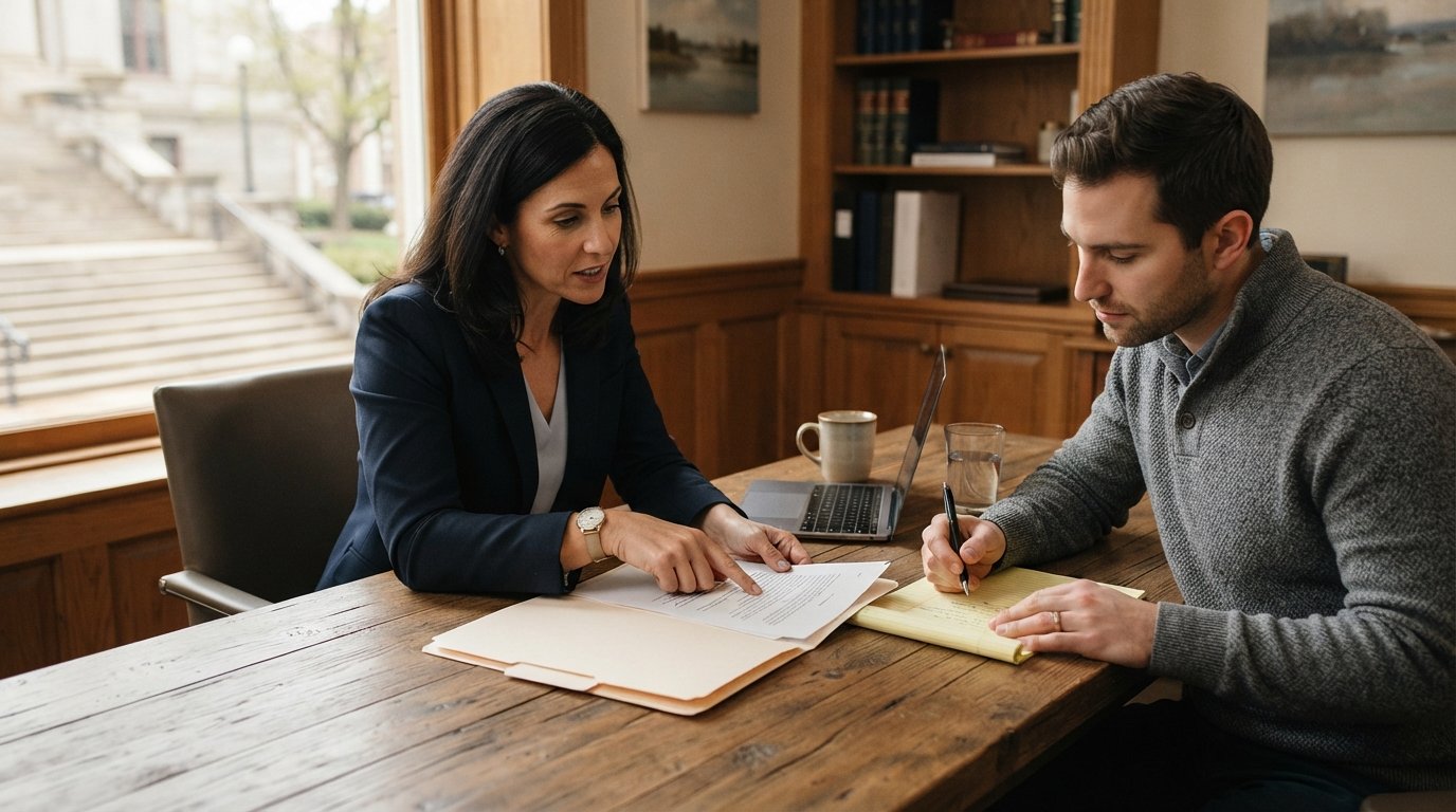 Two adults in business-casual attire review papers at a wooden conference table with a legal pad, case file, pen, and…