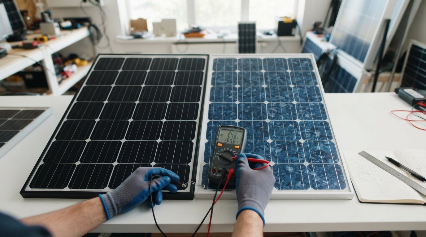 Gloved hands holding a digital multimeter probes against a black monocrystalline solar panel beside a blue polycrystalline…