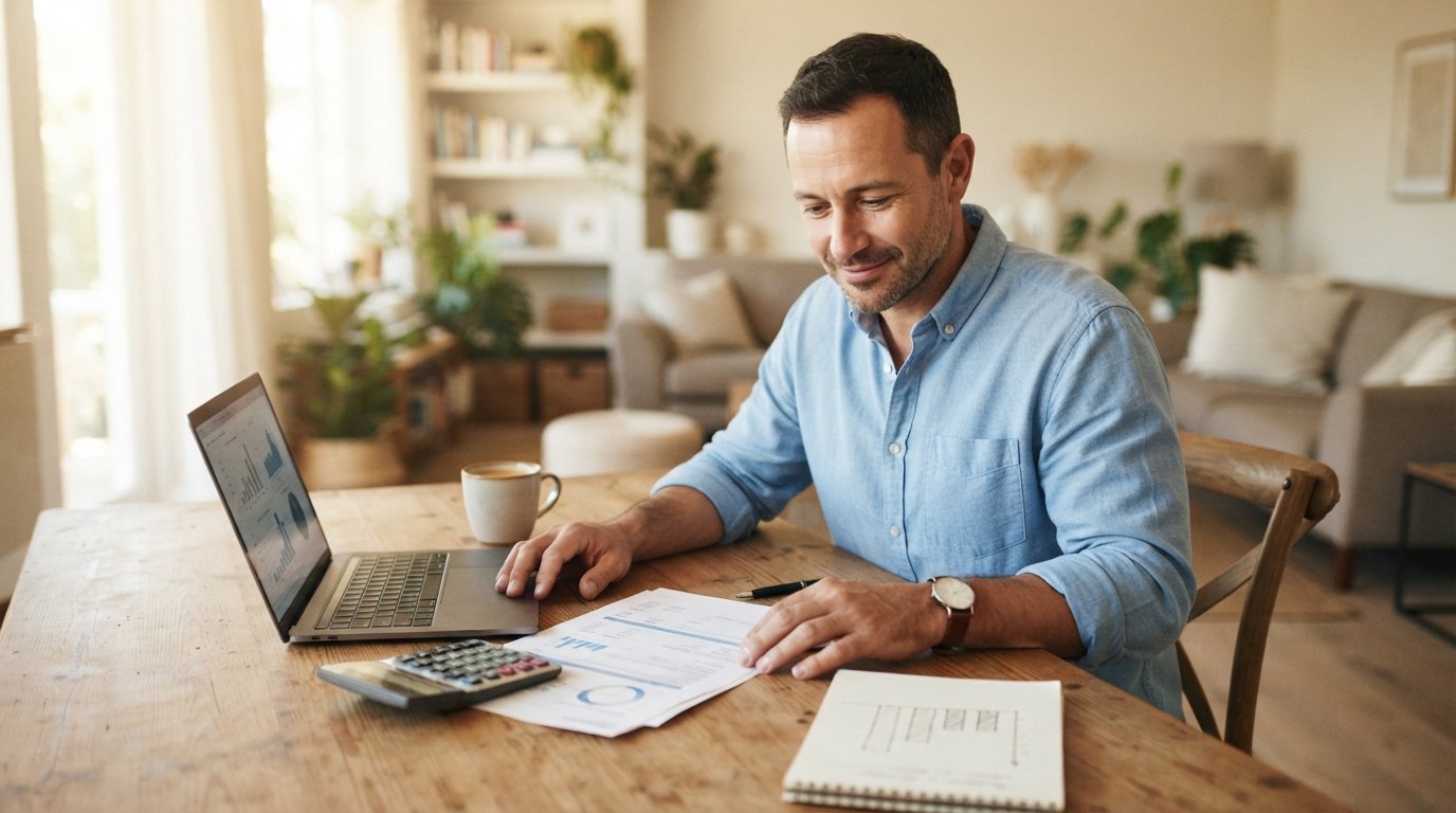 Man in his forties in a light blue shirt sits at a wooden table with a laptop, calculator, and policy document, reviewing…