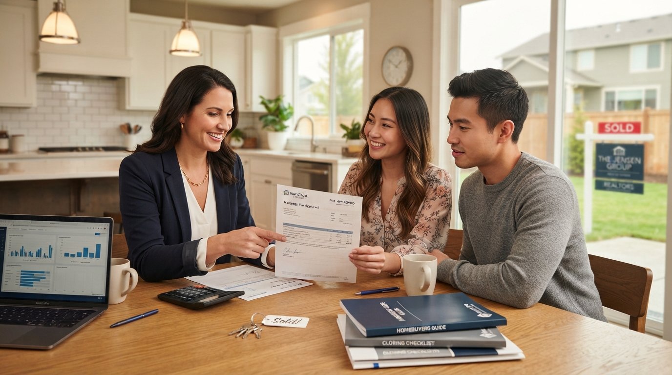 Real estate agent in a navy blazer reviews a mortgage pre-approval document with a couple at a kitchen table, with a…