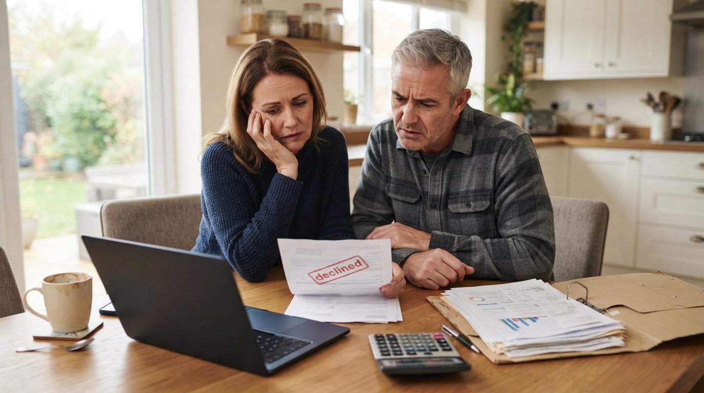 Couple at a kitchen table looking at a stamped loan document beside a laptop, calculator, coffee mugs, and financial papers
