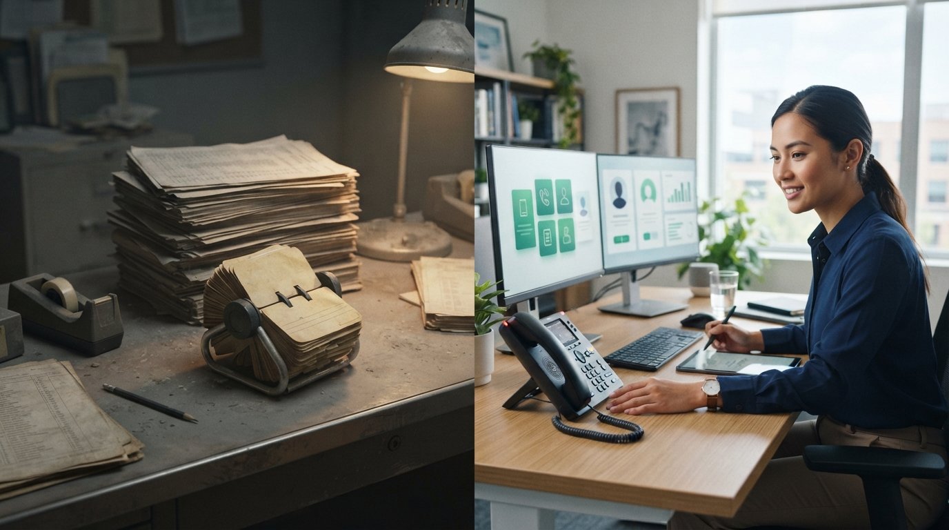 Split desk scene: dusty paper lists and a rolodex in dim yellow light beside a loan officer at a bright dual-monitor…