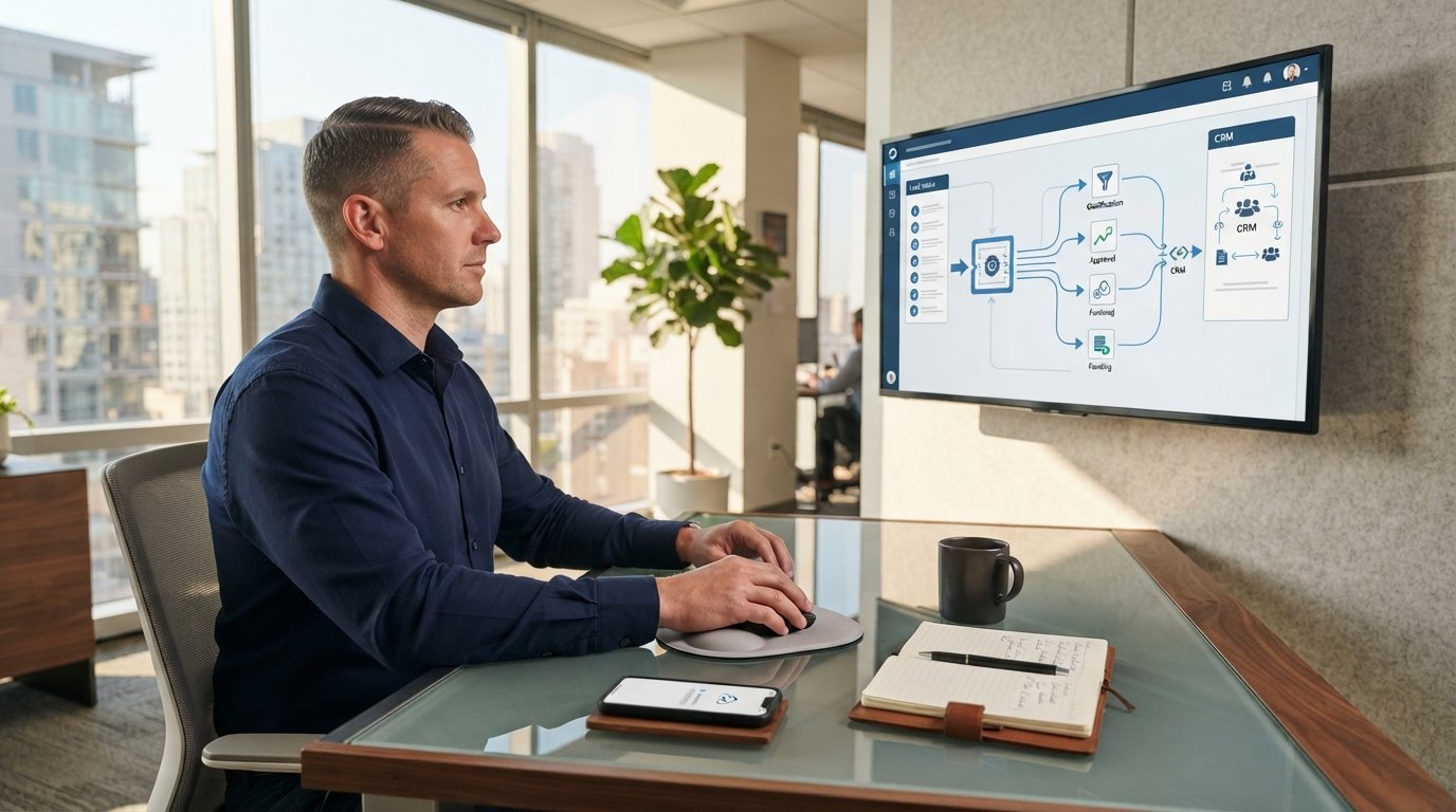 Loan officer in navy shirt at a glass-and-wood desk viewing a pipeline dashboard linking lead intake to a CRM, with a phone…