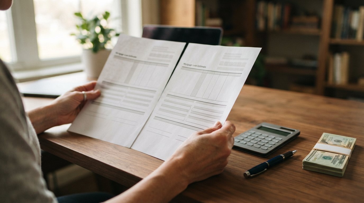 Hands holding two mortgage loan estimate documents side by side above a desk with a calculator, pen, and stack of cash