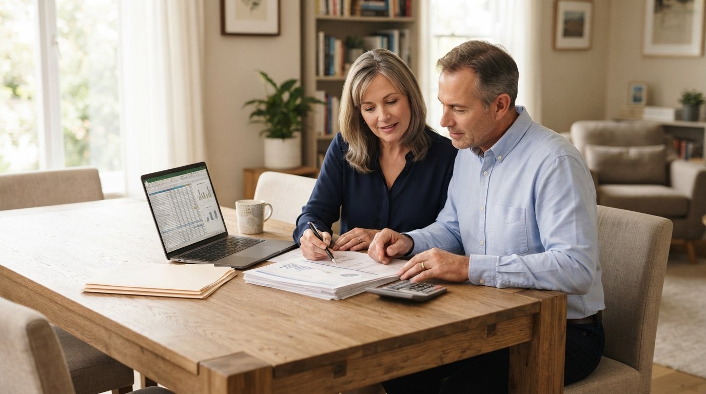 Couple at a wooden table reviewing a mortgage document with a calculator, pen, and laptop showing a spreadsheet