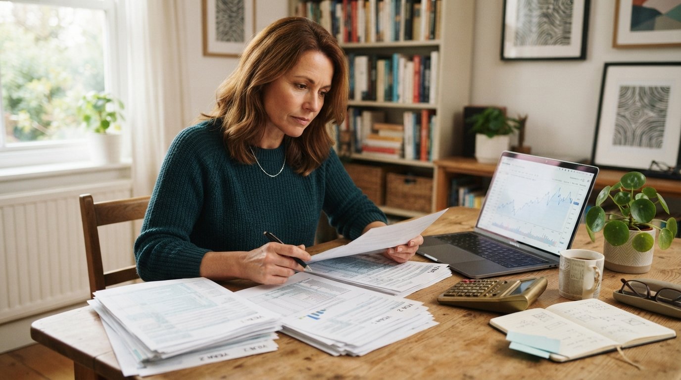 Self-employed professional at a home office desk reviewing tax returns beside a laptop showing a fluctuating line graph,…