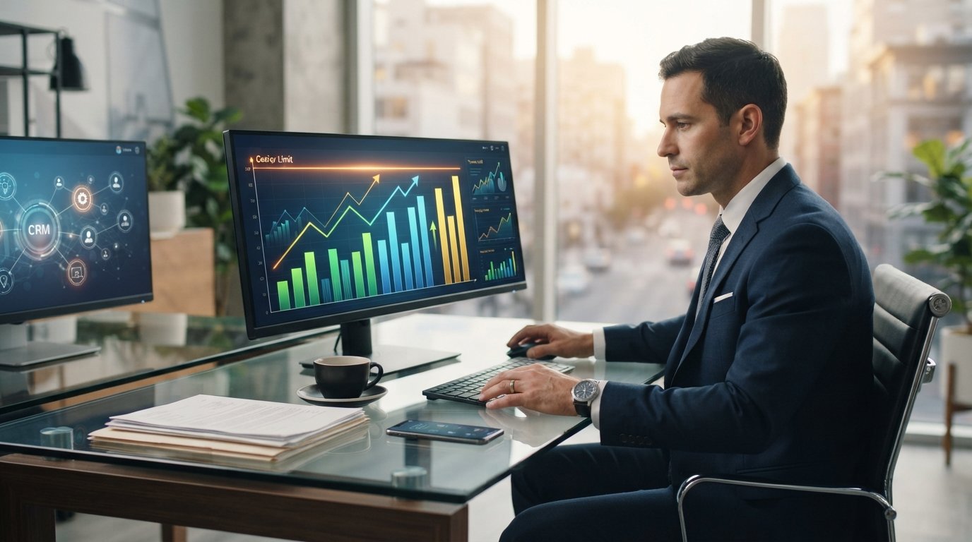 Loan officer in navy suit at glass desk adjusting a dashboard with ascending bar graphs and a glowing horizontal limit line…