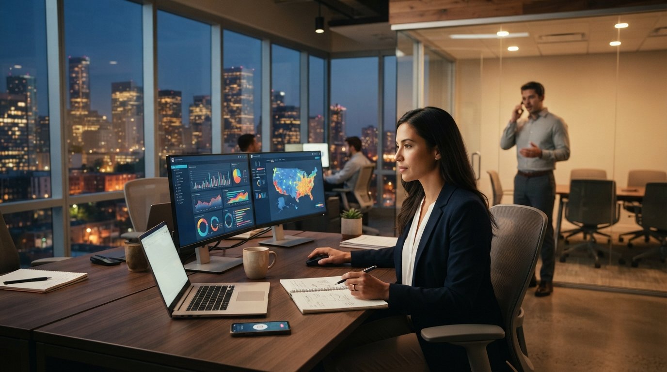 Loan officer in a navy blazer reviews lead dashboards on dual monitors at a desk with a laptop, coffee cup, notepad, and…