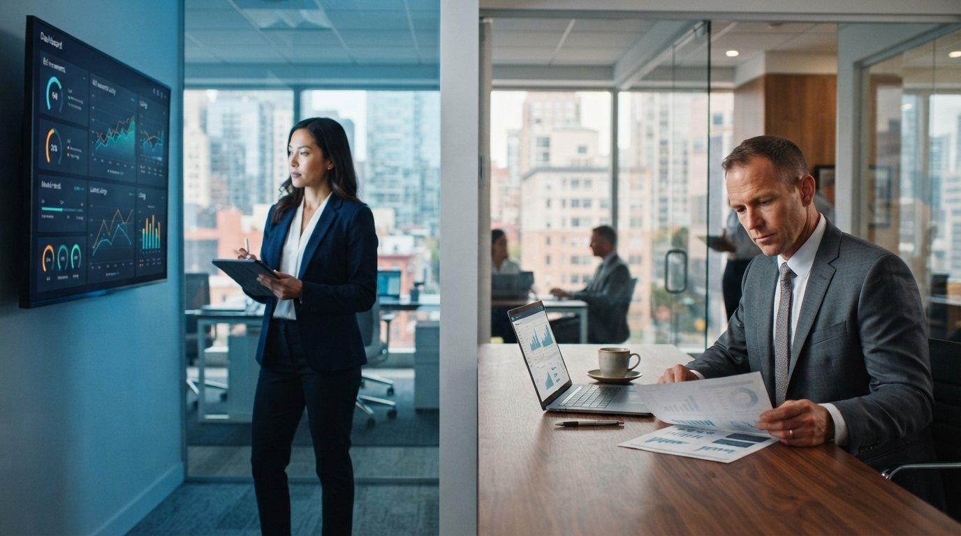 Loan officer reviewing a real-time bid dashboard beside a broker examining a printed rate sheet in a glass-walled mortgage…