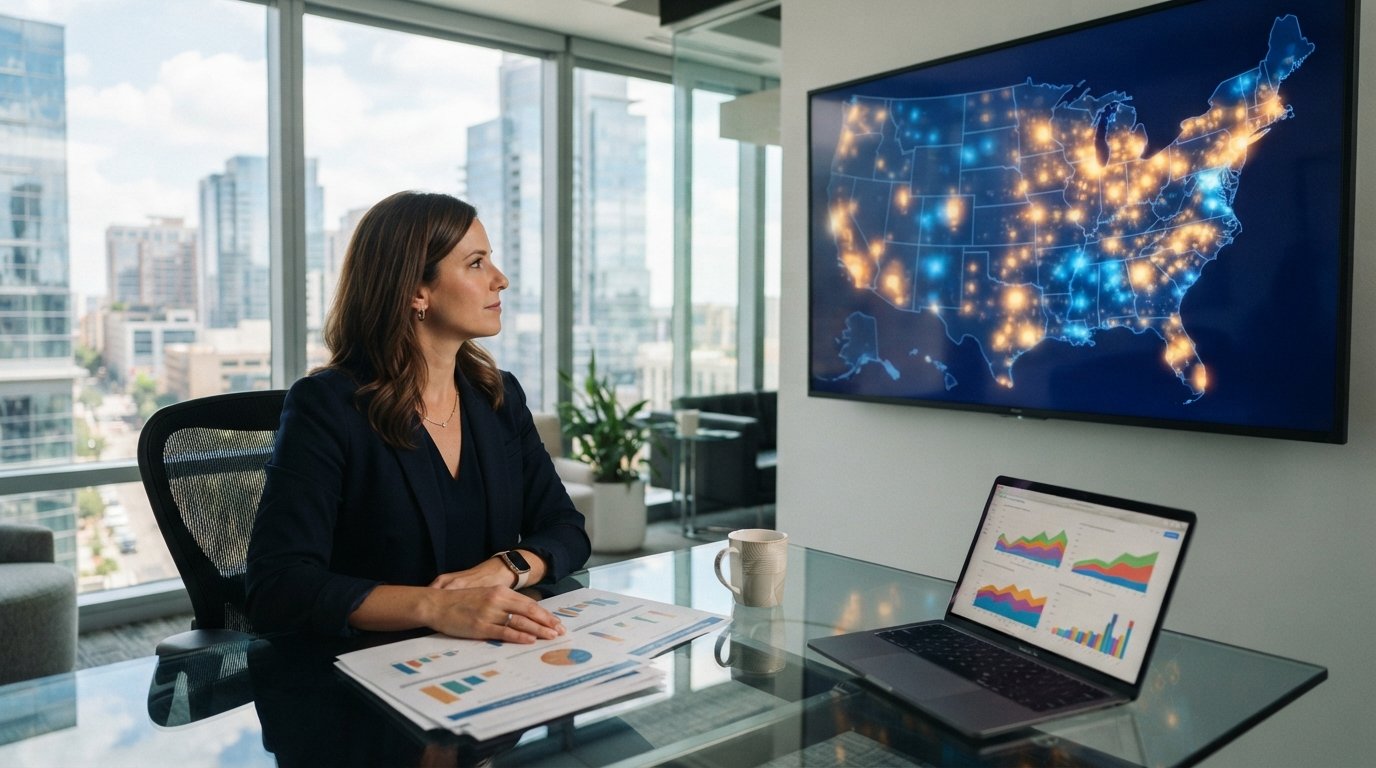 Loan officer in navy blazer at a glass desk beside a wall-mounted U.S. map with highlighted states and metro regions,…