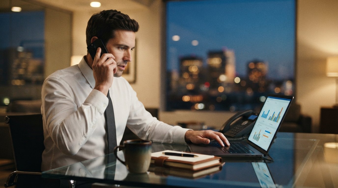 Loan officer in a white shirt and dark tie holds a phone to his ear while tapping a laptop with lead dashboards at a glass…