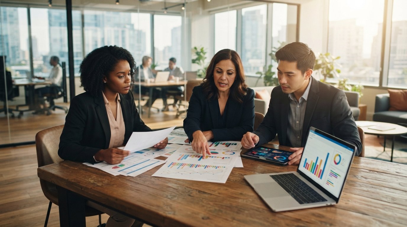 Three loan officers in business attire review printed charts, a laptop with bar graphs, and a tablet dashboard at a wooden…