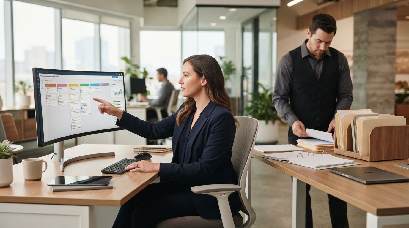 Loan officer at a large monitor reviewing a mortgage lead dashboard while a colleague organizes intake forms at a desk