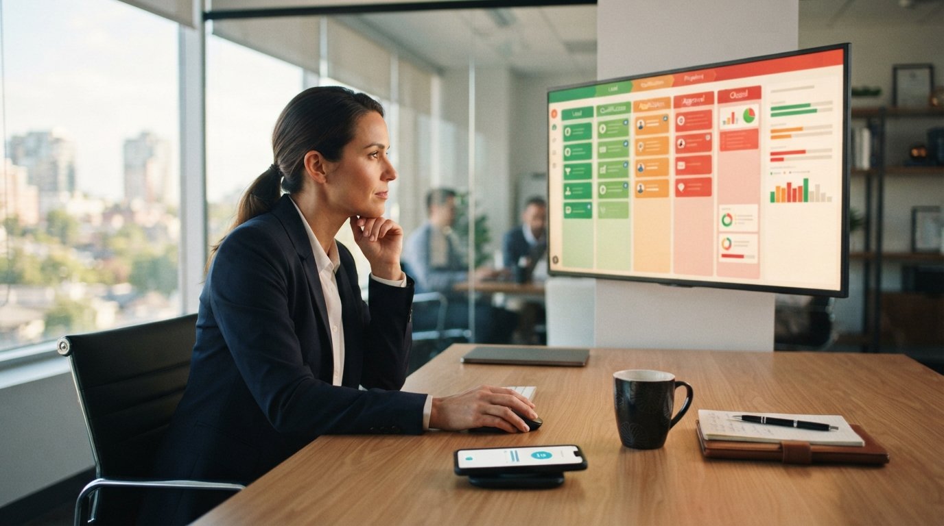 Mortgage lender at a desk reviewing a color-coded lead pipeline dashboard on a large monitor while a smartphone shows a new…