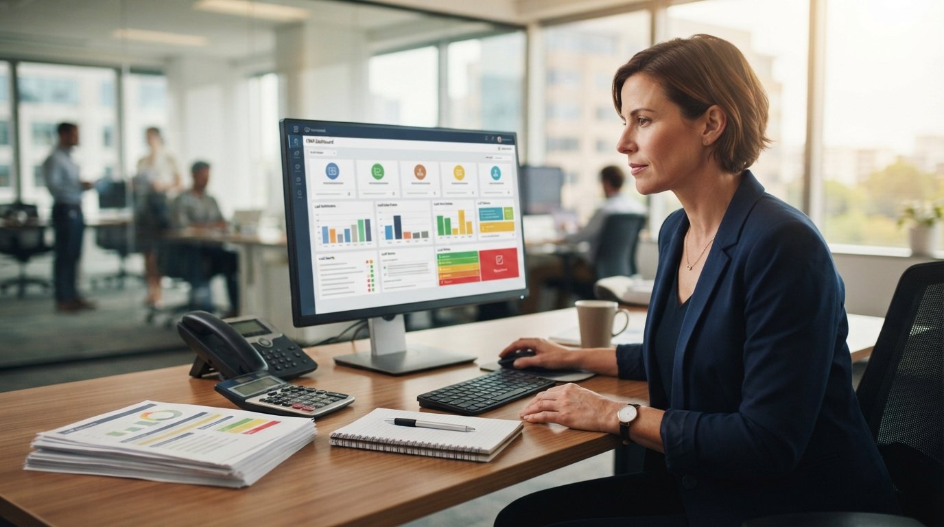 Mortgage loan officer at a desk reviewing a lead dashboard with a rejected lead highlighted in red, beside printed reports…